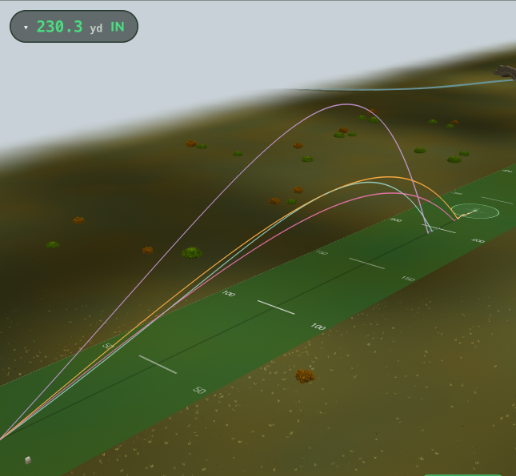App screen with four trajectories overlaid on a 3D course, from the tee through to each landing point