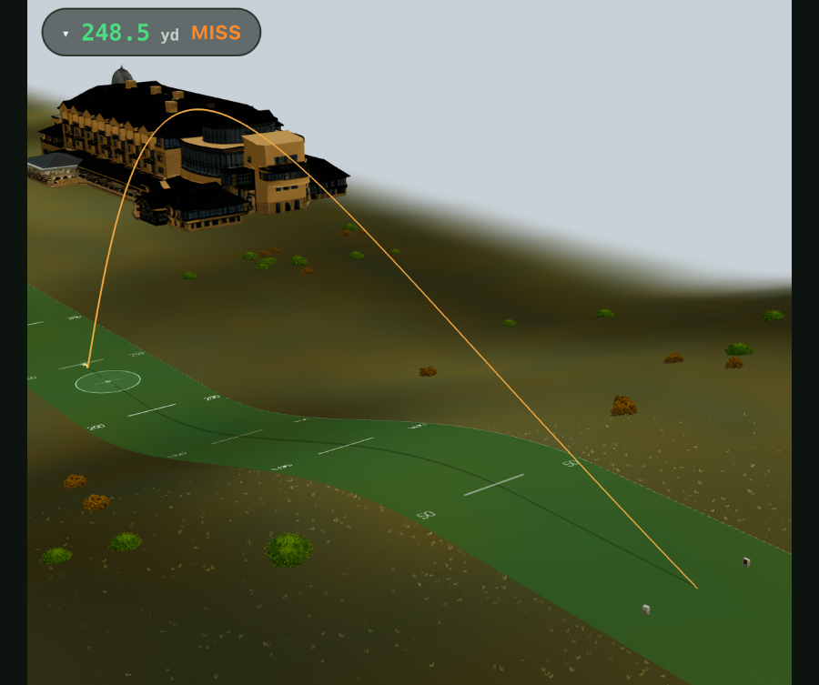 Trajectory on downhill terrain, still rolling down the fairway after landing